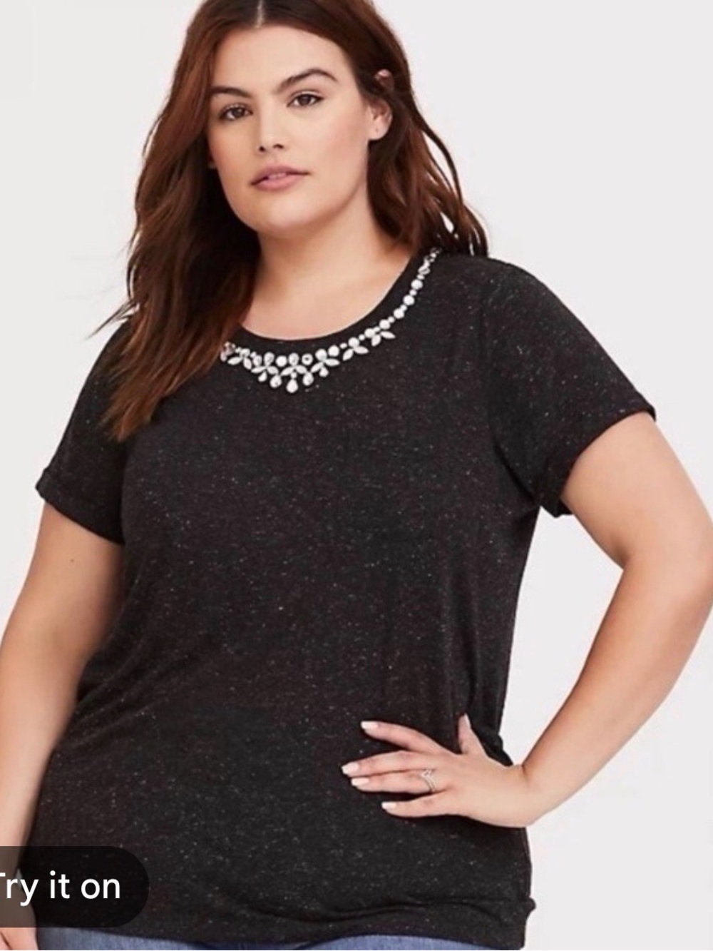 Torrid Shirt Womens 0 L Large Heather Gray Rhinestone Jewel Neck Classic Fit Tee - Picture 2 of 9